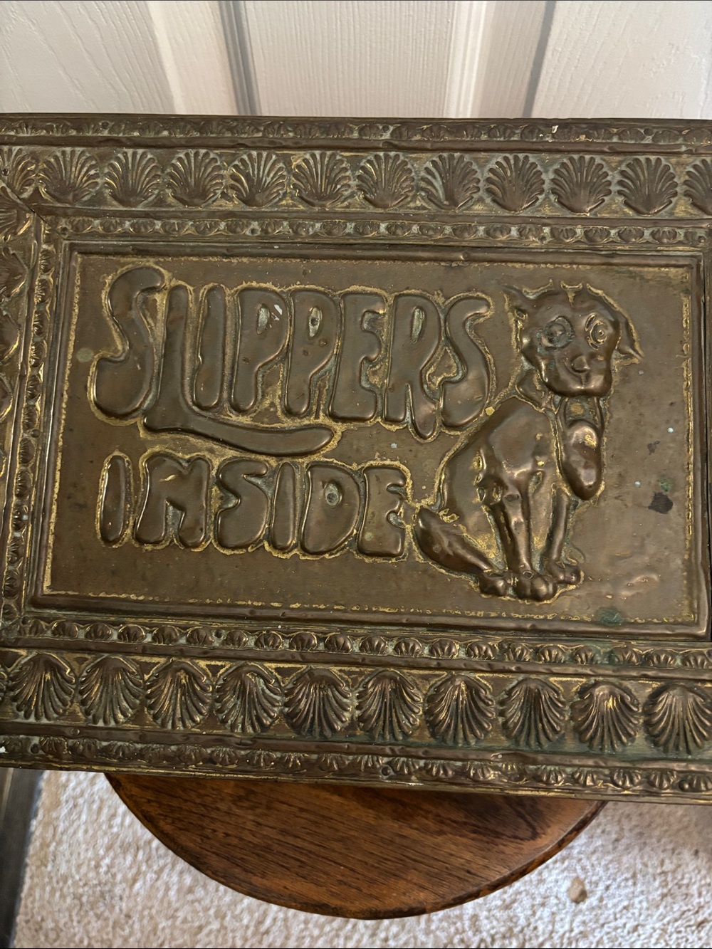Antique Brass 'Slippers Inside' Embossed Tray